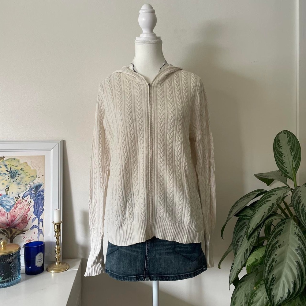 Vintage Y2k Eddie Bauer Cableknit Cardigan Sweater Cream Light Academia